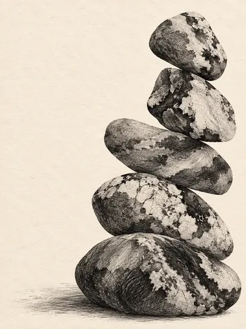 River stones stacked in a quiet cairn in white, cream, charcoal, gray; portrait artwork.