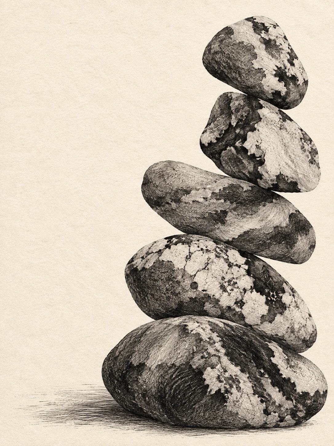 River stones stacked in a quiet cairn in white, cream, charcoal, gray; portrait artwork.