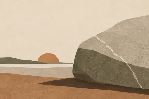 A stone with one white vein in cream, sand, ochre, brown; landscape artwork.