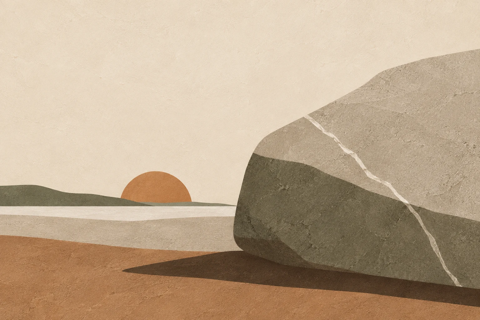 A stone with one white vein in cream, sand, ochre, brown; landscape artwork.