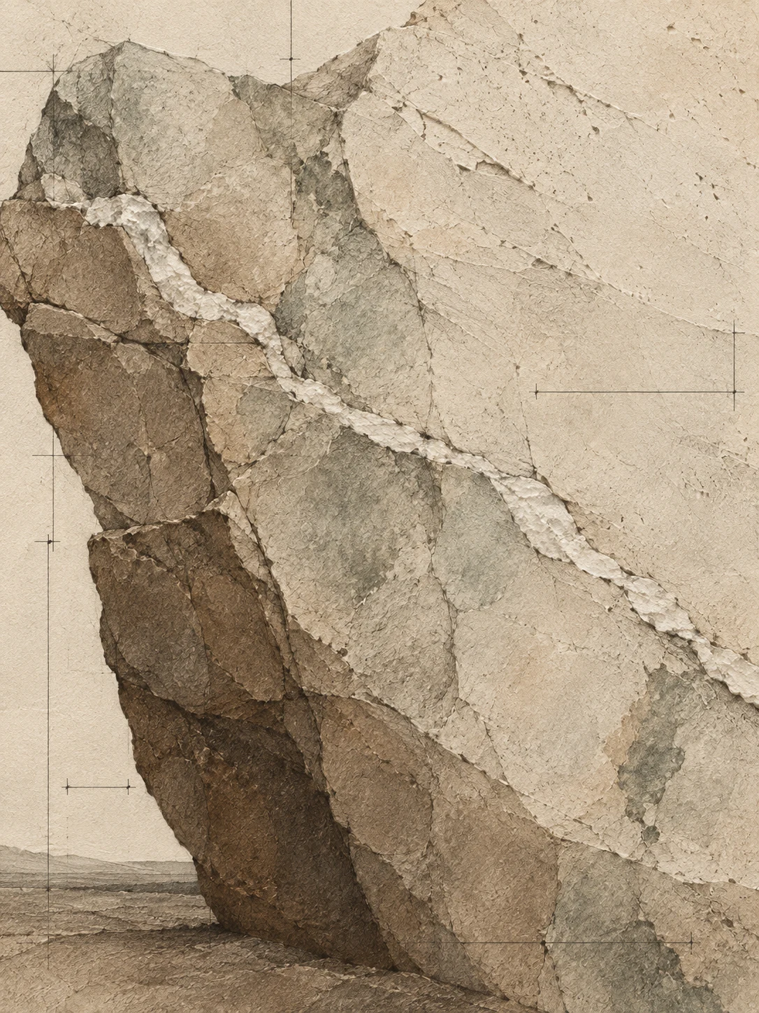 A stone with one white vein in stone, cream, taupe, sand; portrait artwork.
