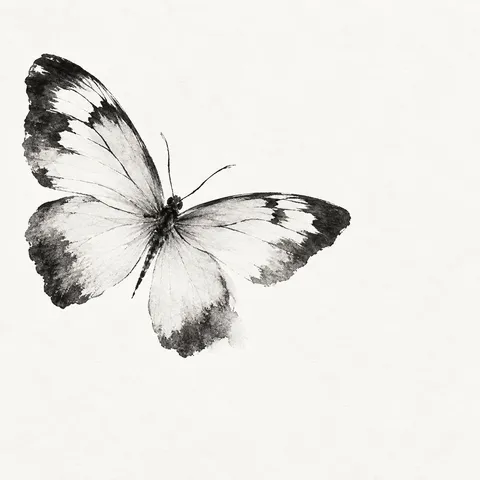 A moth with wings spread in white, gray; square artwork.