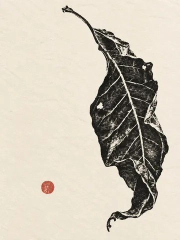 A curled dry leaf in cream, charcoal, white; portrait artwork.