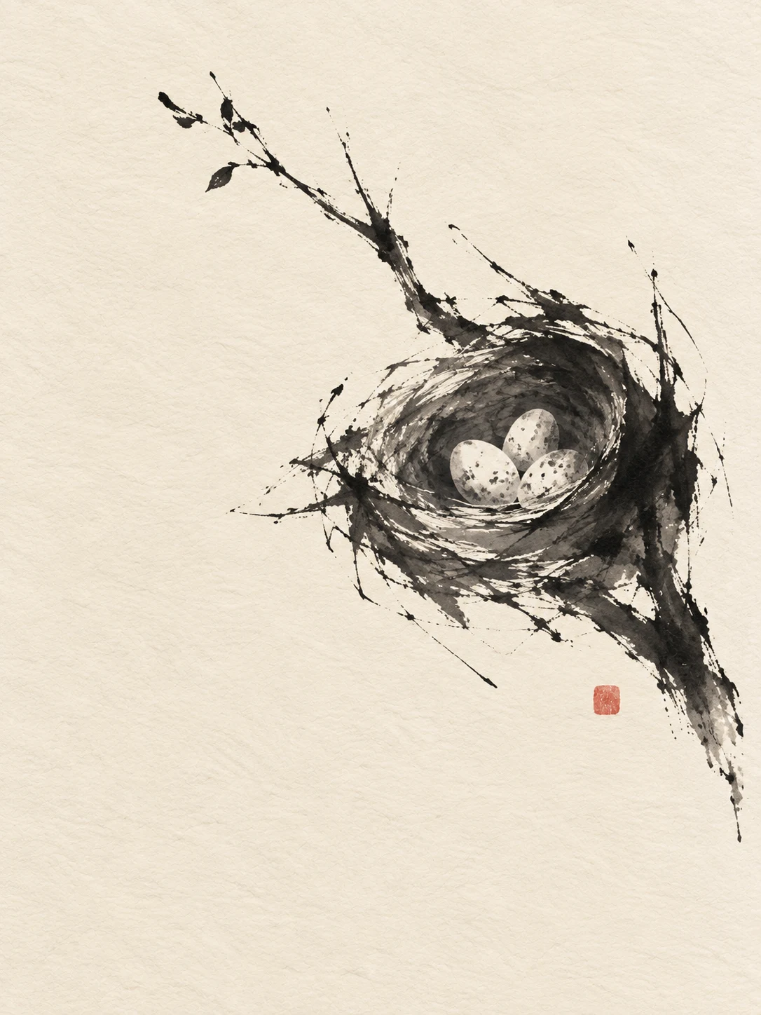 A bird's nest with three eggs in cream, white, charcoal, stone; portrait artwork.