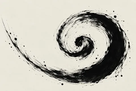 A snail shell spiral in cream, black, white, stone; landscape artwork.
