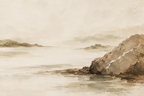 A stone with one white vein in cream, sand, taupe; landscape artwork.