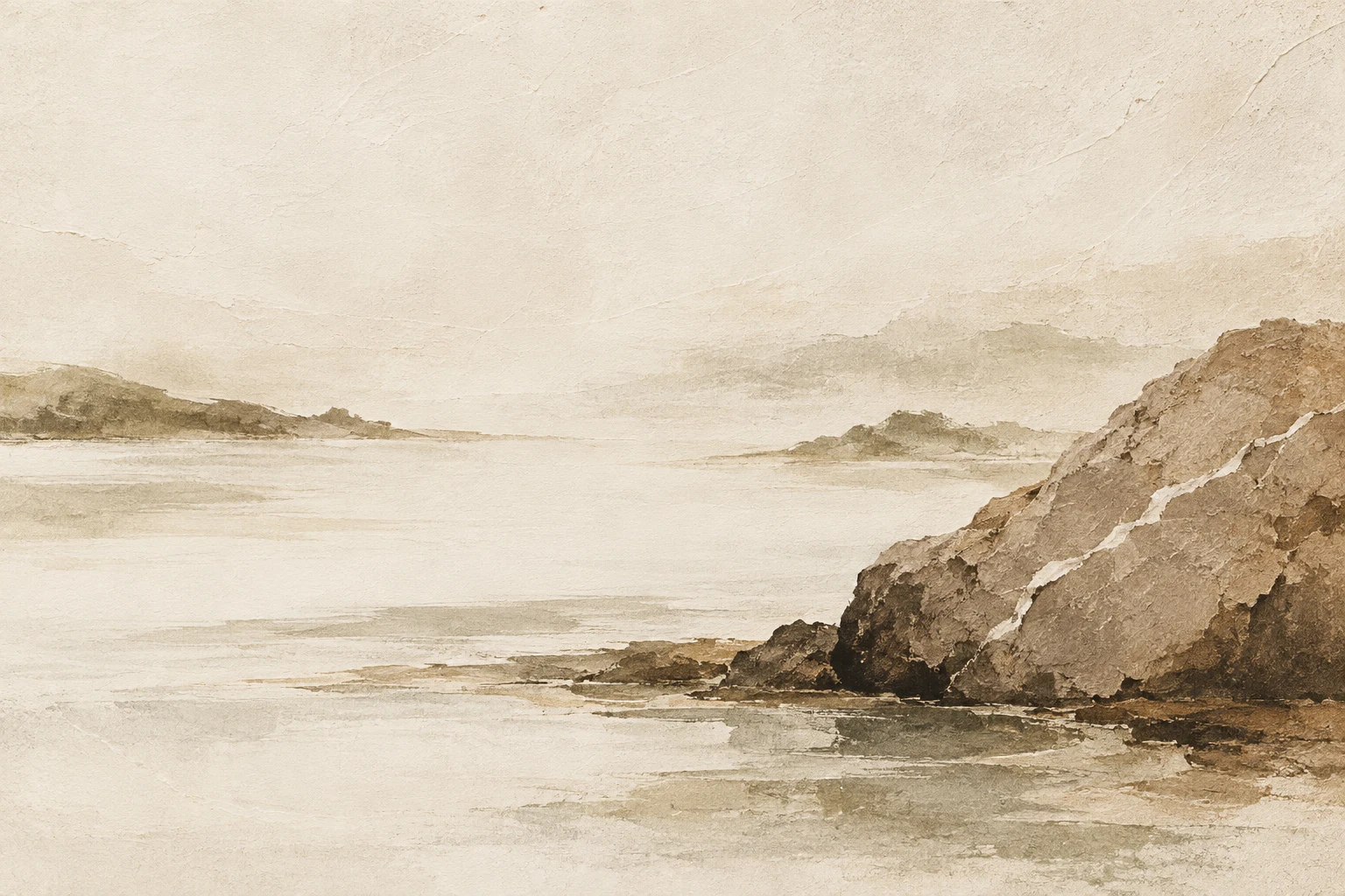 A stone with one white vein in cream, sand, taupe; landscape artwork.