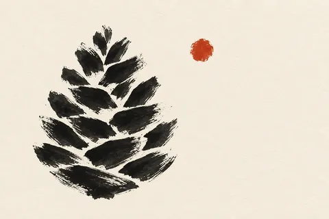 A pinecone in white, charcoal, cream; landscape artwork.