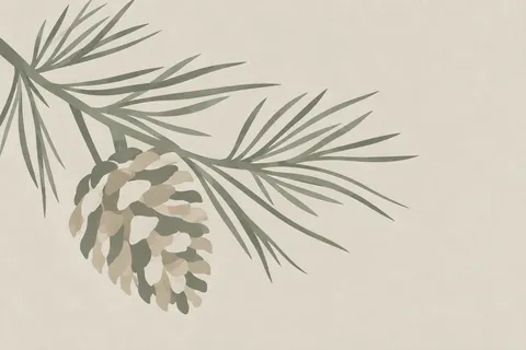 A pinecone in cream, gray; landscape artwork.