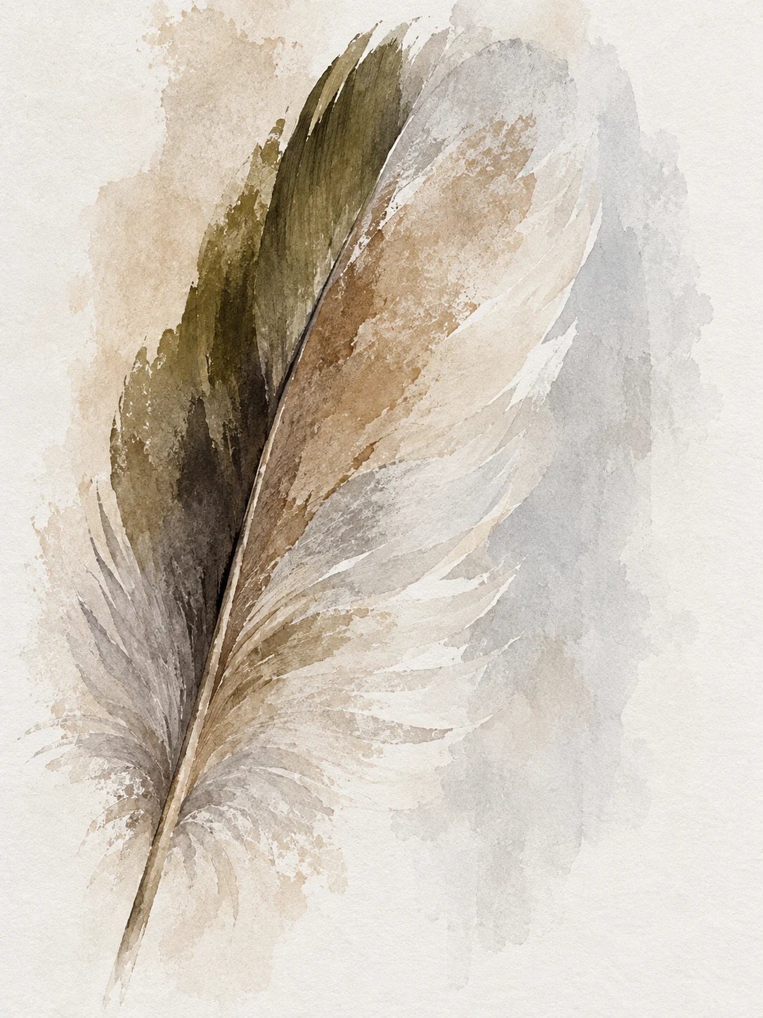 A single feather in cream, white, stone, olive; portrait artwork.