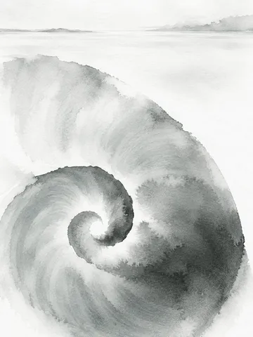 A snail shell spiral in white, cream, stone, gray; portrait artwork.