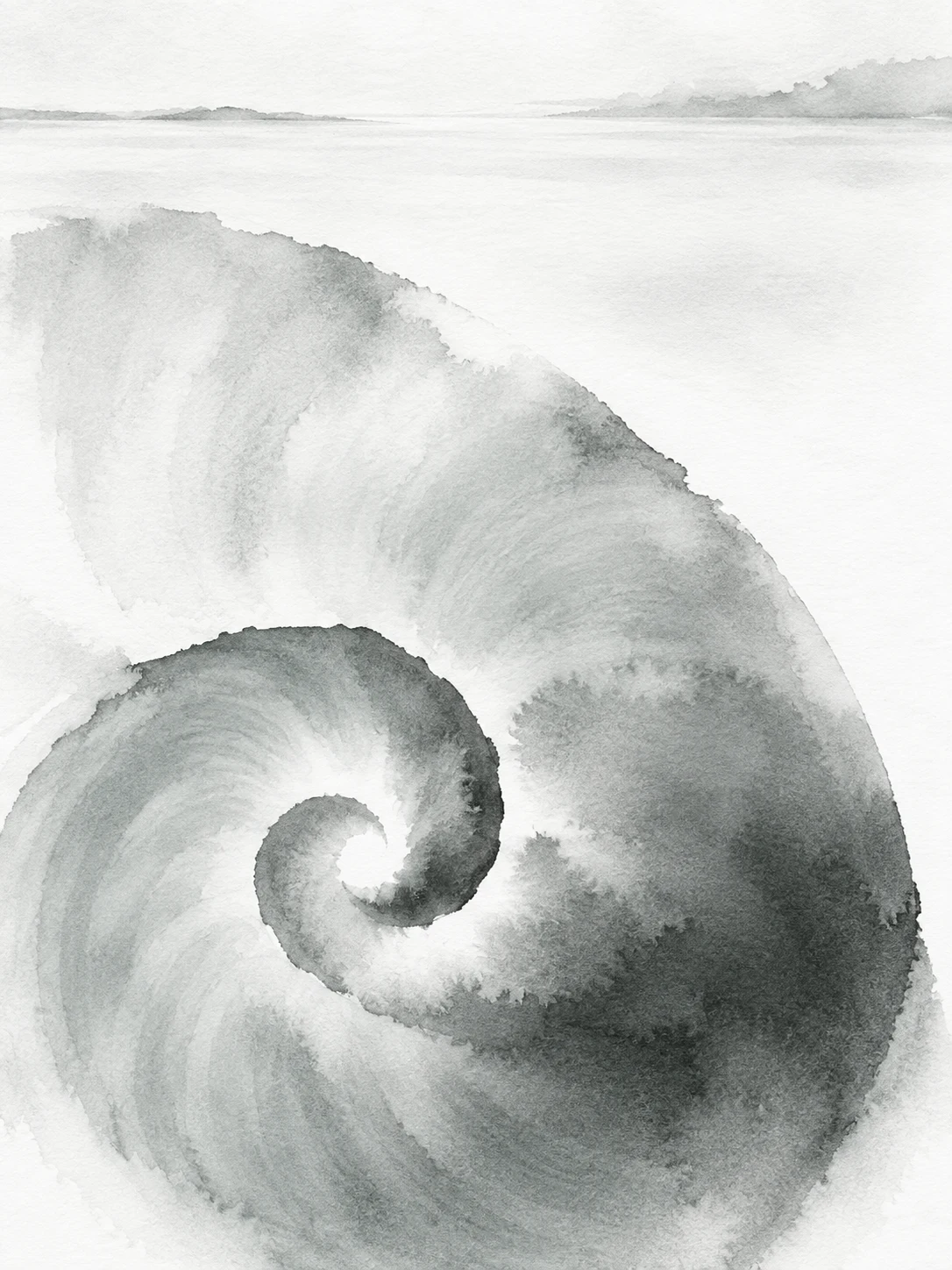 A snail shell spiral in white, cream, stone, gray; portrait artwork.