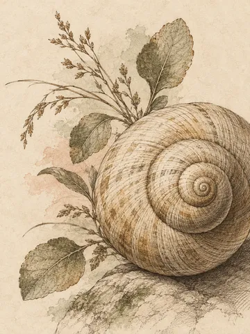 A snail shell spiral in cream, sand, taupe, stone; portrait artwork.