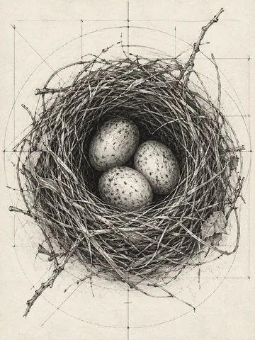 A bird's nest with three eggs in cream, charcoal, gray, stone; portrait artwork.