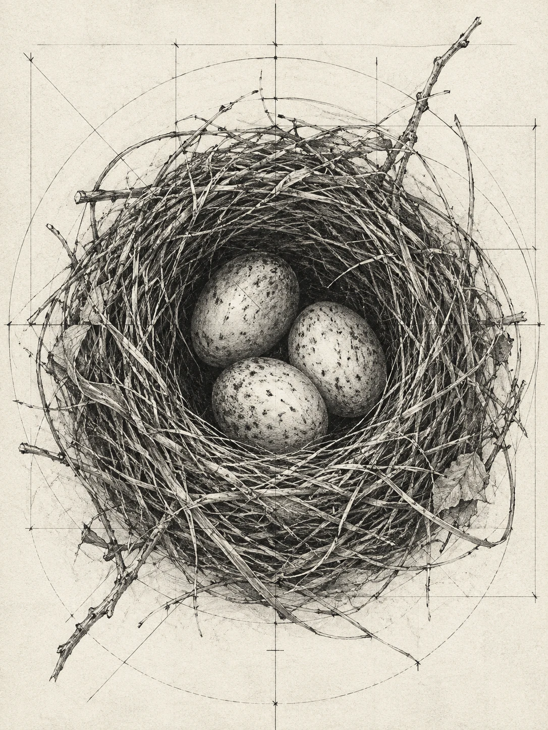 A bird's nest with three eggs in cream, charcoal, gray, stone; portrait artwork.