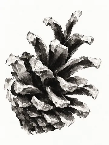 A pinecone in white, charcoal, gray, cream; portrait artwork.