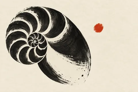 A cross-section of a nautilus in cream, black, charcoal, sand; landscape artwork.