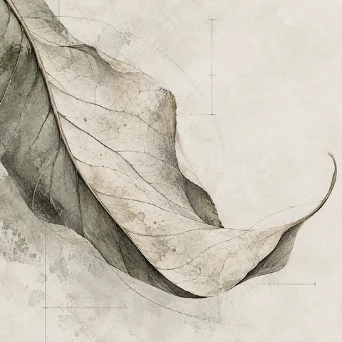 A curled dry leaf in cream, stone, sand, olive; square artwork.