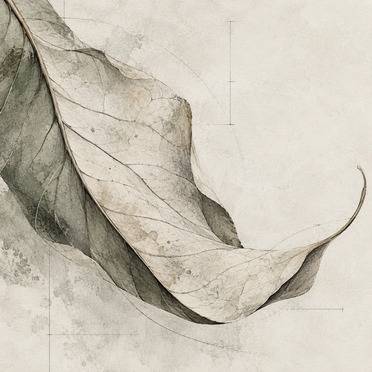 A curled dry leaf in cream, stone, sand, olive; square artwork.