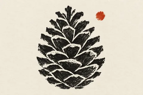A pinecone in cream, white, charcoal, stone; landscape artwork.
