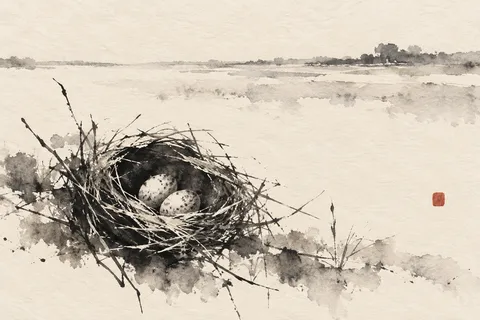 A bird's nest with three eggs in cream, charcoal, sand, white; landscape artwork.