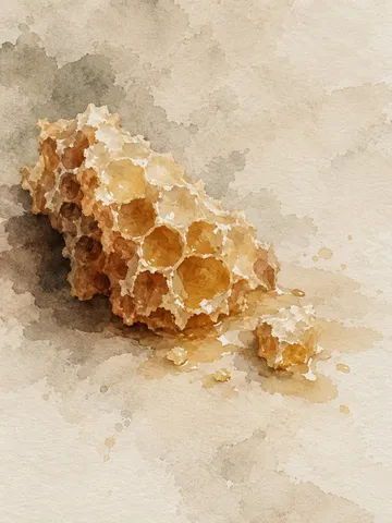 A honeycomb fragment in cream, stone, sand, rust; portrait artwork.