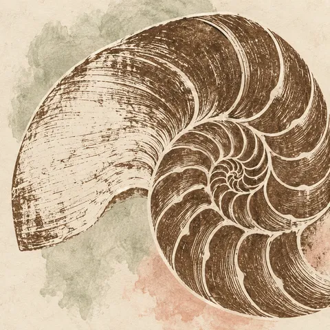 A cross-section of a nautilus in cream, stone, olive, brown; square artwork.