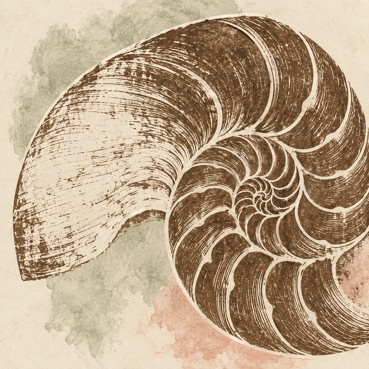 A cross-section of a nautilus in cream, stone, olive, brown; square artwork.