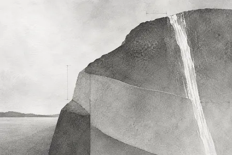 A stone with one white vein in stone, gray, cream, white; landscape artwork.