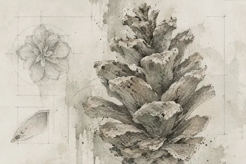 A pinecone in cream, gray, stone, sand; landscape artwork.