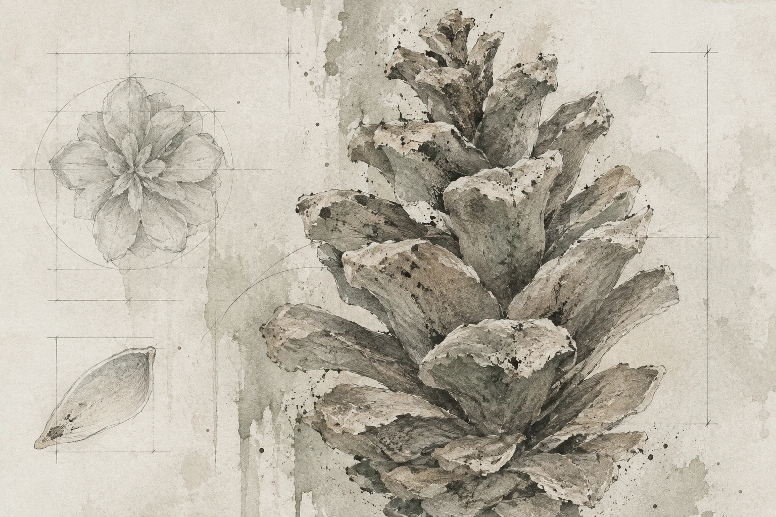 A pinecone in cream, gray, stone, sand; landscape artwork.