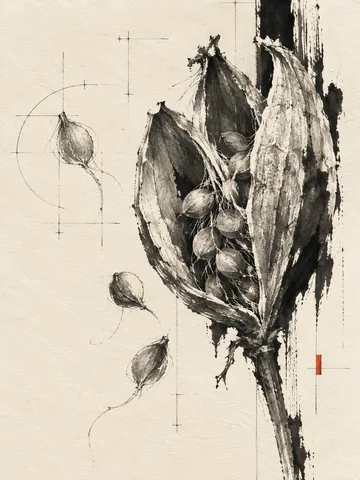 A seed pod split open in cream, charcoal, taupe, stone; portrait artwork.