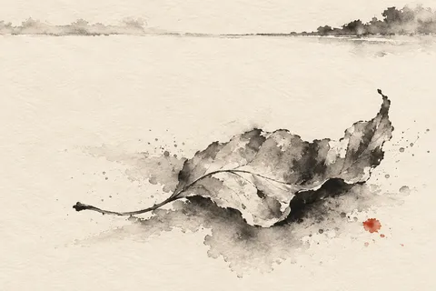 A curled dry leaf in cream, stone, taupe, white; landscape artwork.