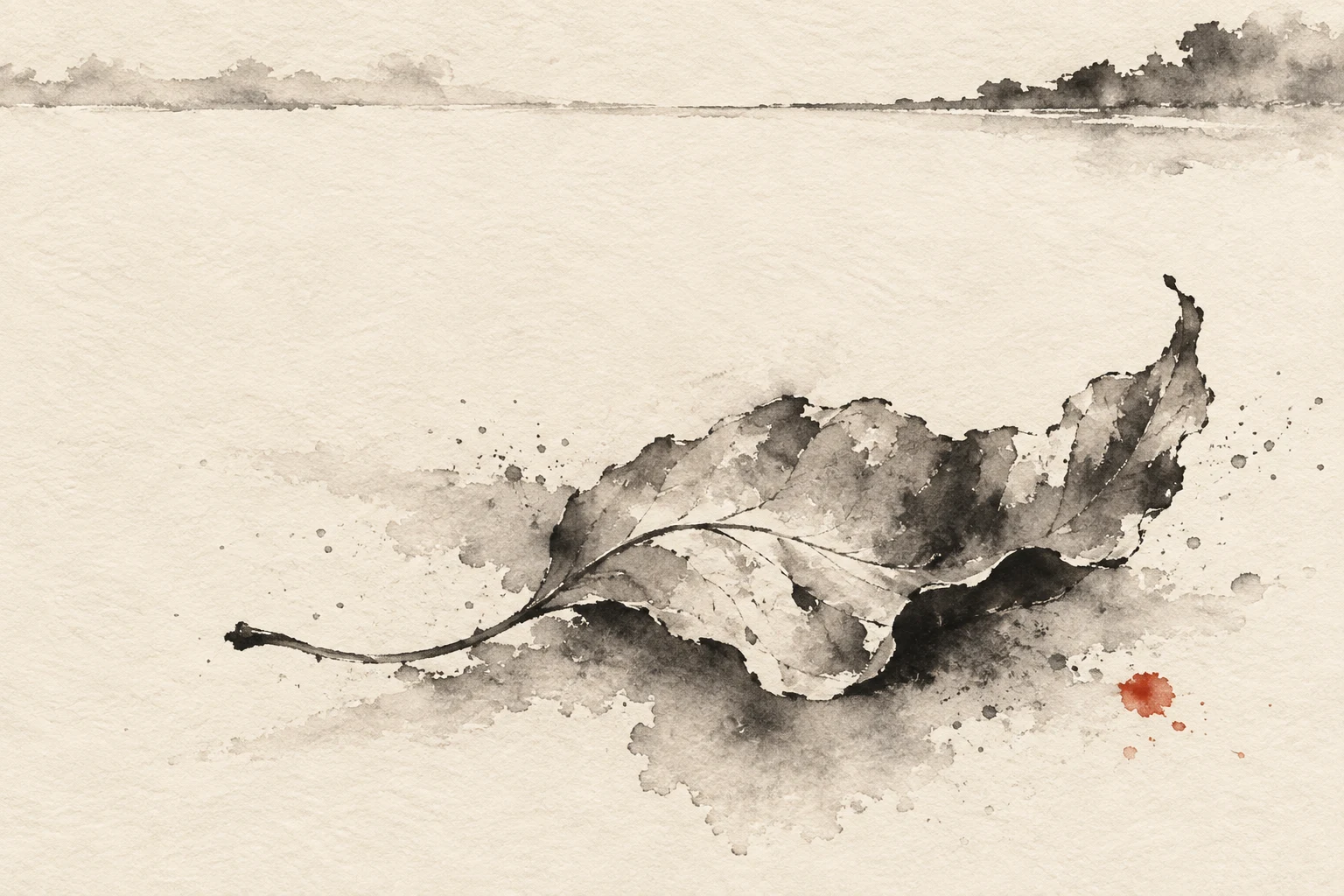 A curled dry leaf in cream, stone, taupe, white; landscape artwork.