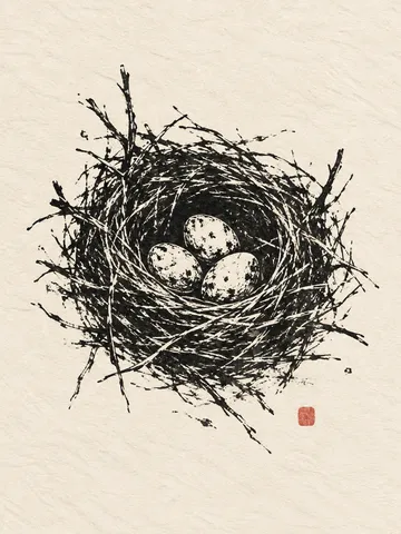 A bird's nest with three eggs in cream, charcoal, white, stone; portrait artwork.