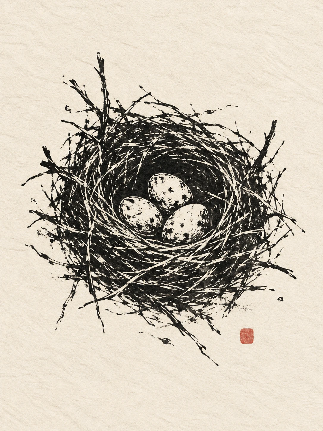 A bird's nest with three eggs in cream, charcoal, white, stone; portrait artwork.
