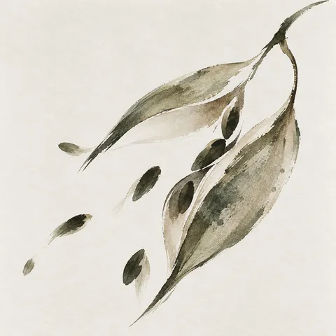 A seed pod split open in cream, white, stone, olive; square artwork.