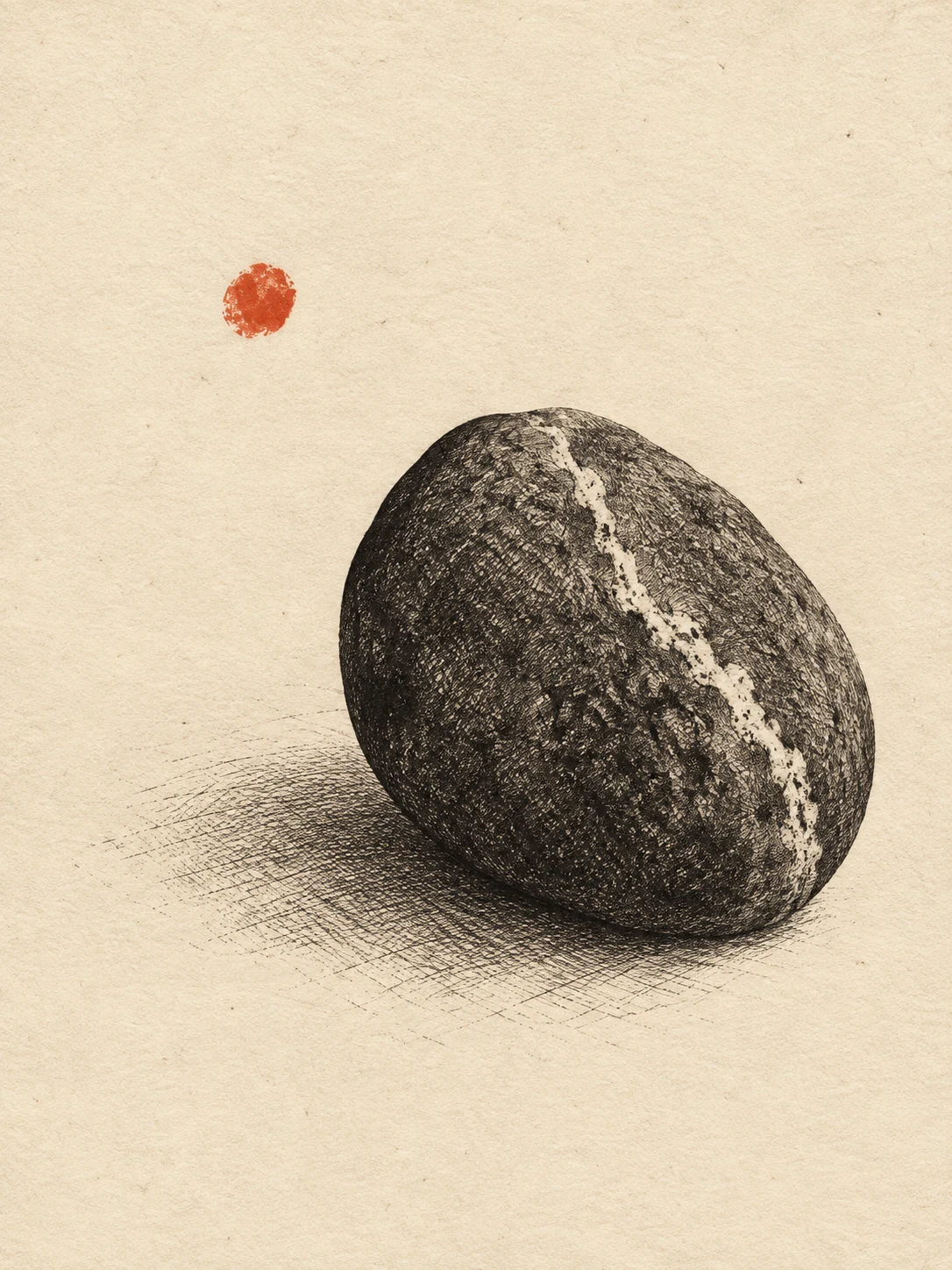 A stone with one white vein in cream, charcoal, taupe; portrait artwork.