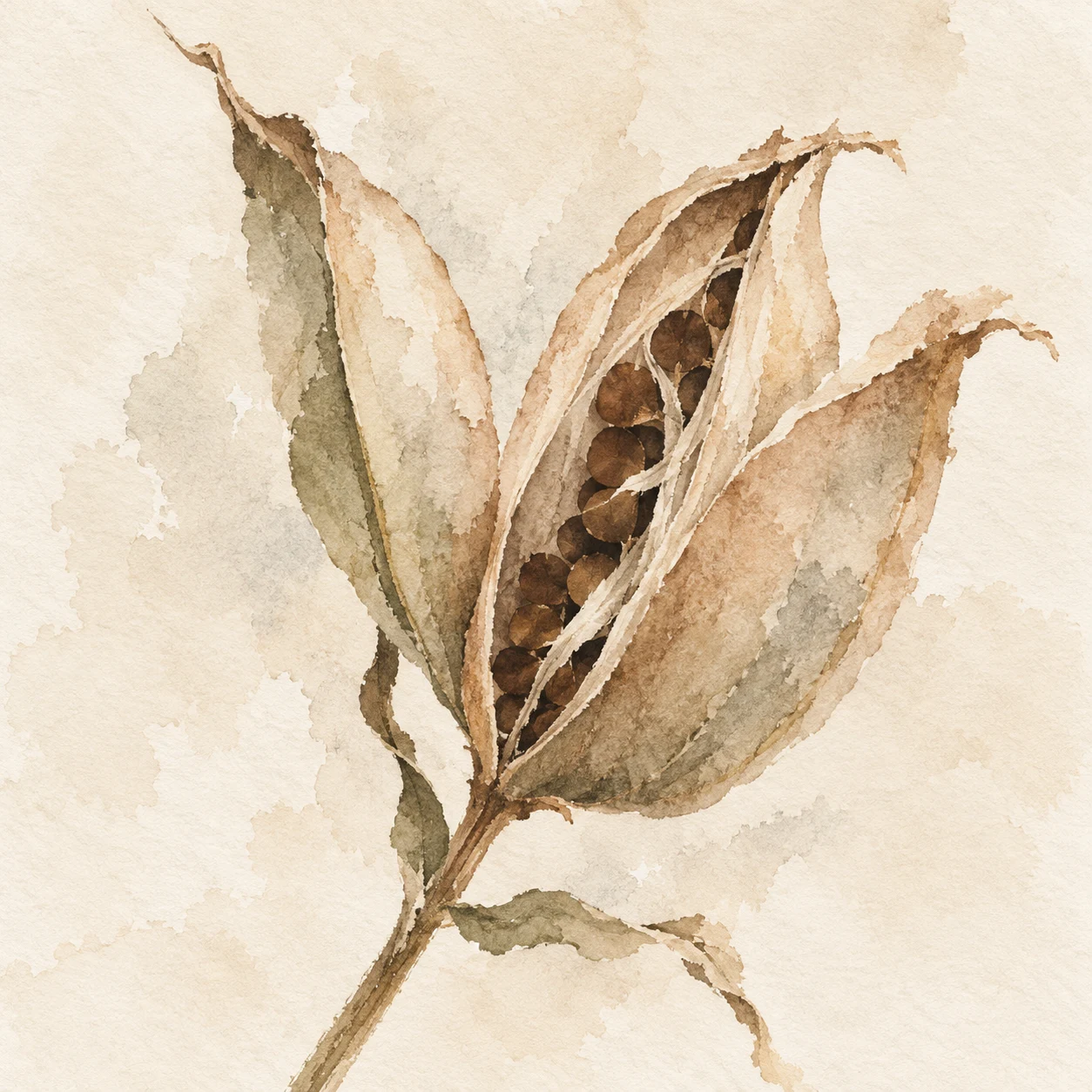 A seed pod split open in white, cream, sand, taupe; square artwork.