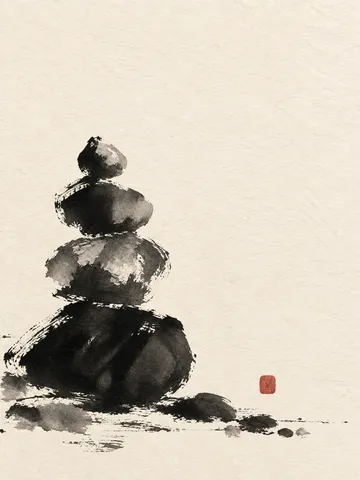 River stones stacked in a quiet cairn in cream, white, black, gray; portrait artwork.