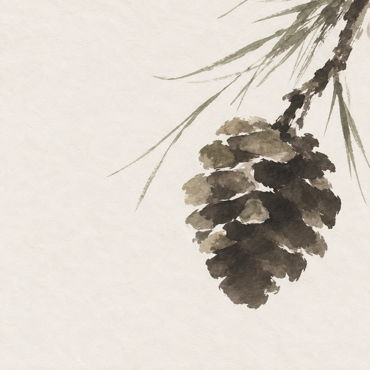 A pinecone in white, taupe, cream; square artwork.