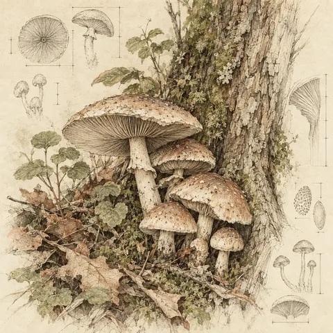 A cluster of mushrooms at the base of a tree in cream, taupe, sand, stone; square artwork.