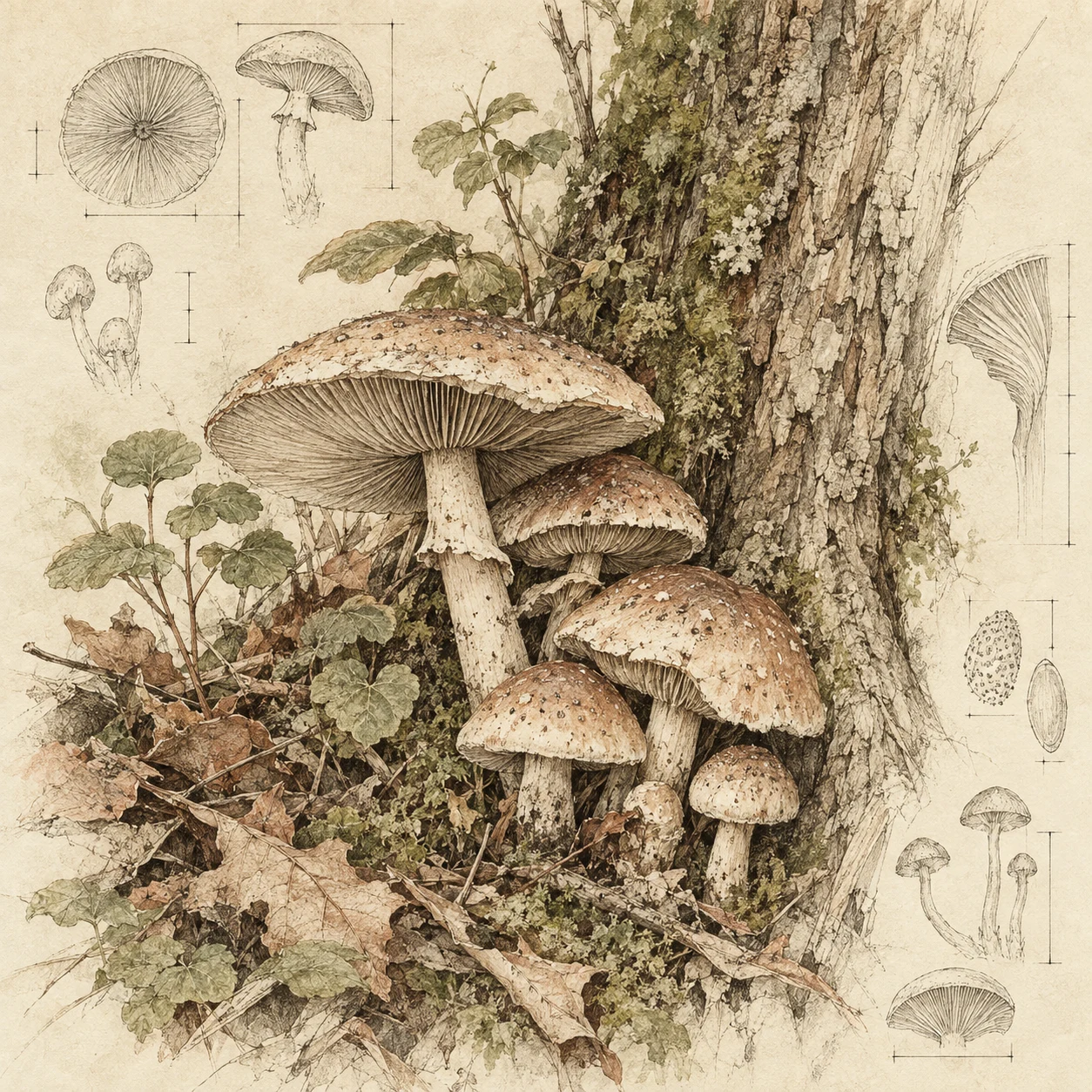 A cluster of mushrooms at the base of a tree in cream, taupe, sand, stone; square artwork.