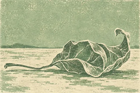 A curled dry leaf in stone, cream, sand, taupe; landscape artwork.