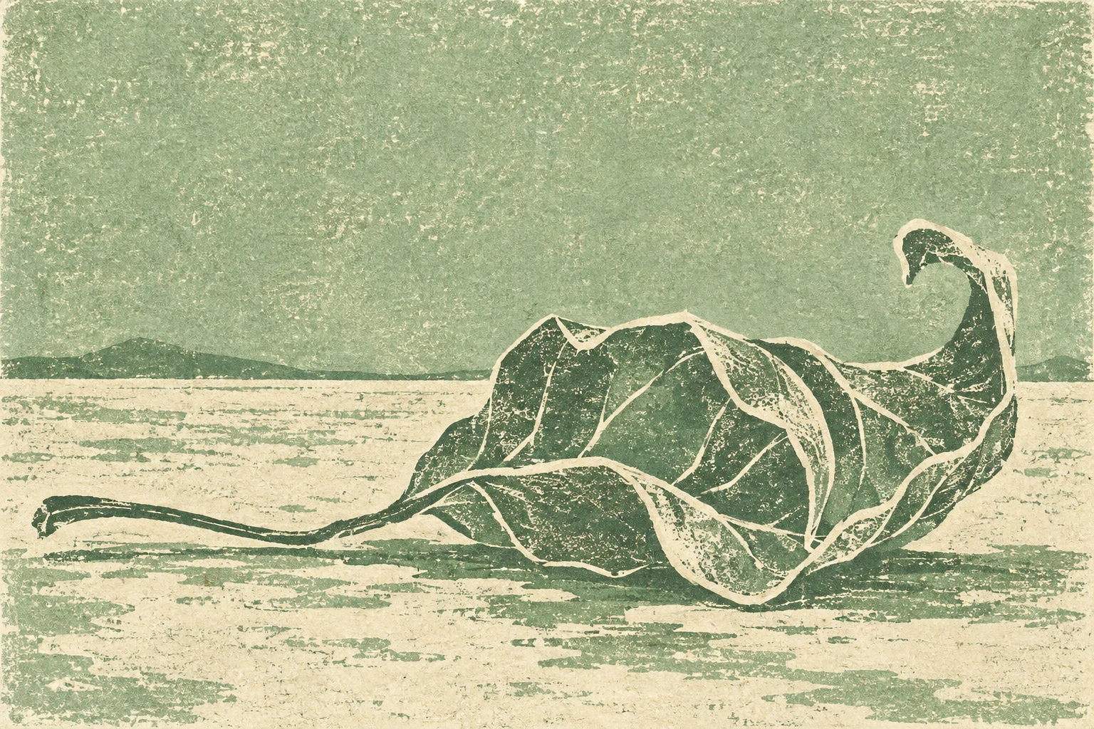 A curled dry leaf in stone, cream, sand, taupe; landscape artwork.