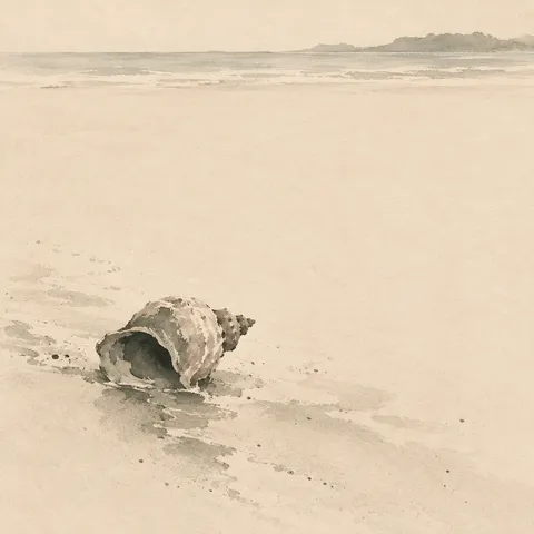 A single shell on sand in cream, sand; square artwork.