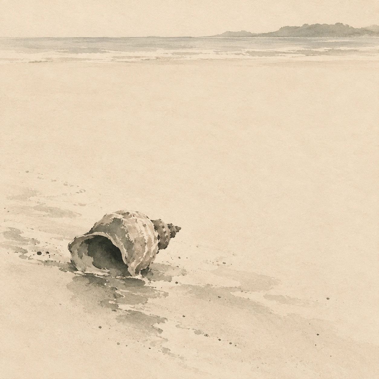 A single shell on sand in cream, sand; square artwork.