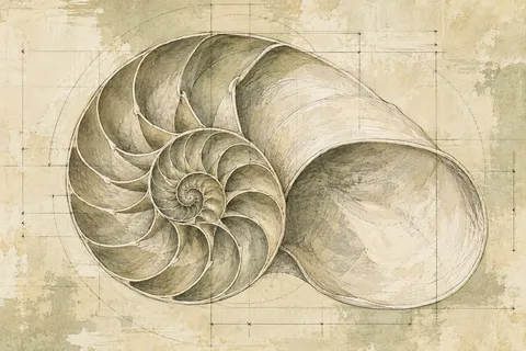 A cross-section of a nautilus in cream, stone, sand, taupe; landscape artwork.