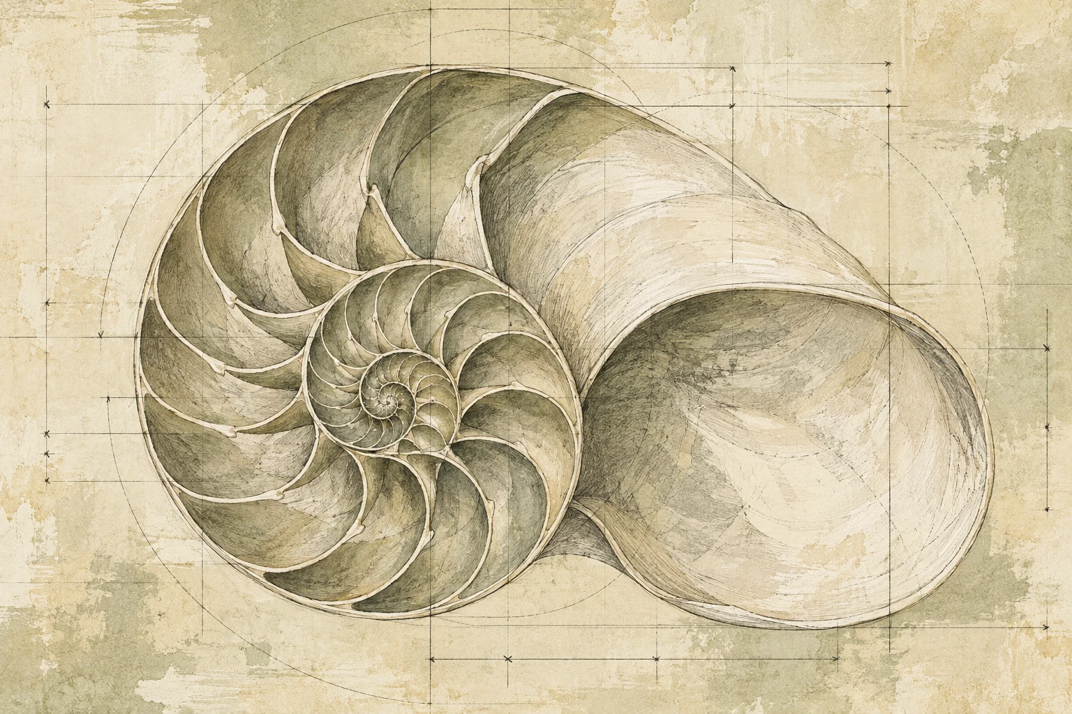 A cross-section of a nautilus in cream, stone, sand, taupe; landscape artwork.