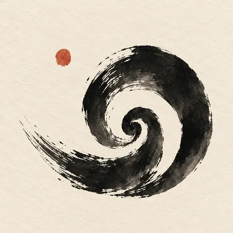 A snail shell spiral in cream, black, charcoal, white; square artwork.